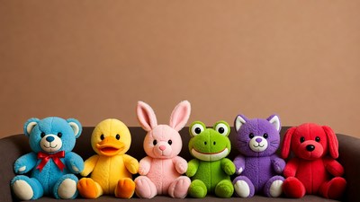 Colorful plush toys on couch