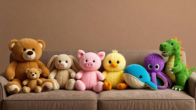 Colorful stuffed animals on sofa