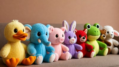 Colorful plush animals lined on couch