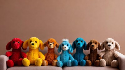 Colorful plush dog toys on couch