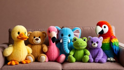Colorful stuffed animals on couch