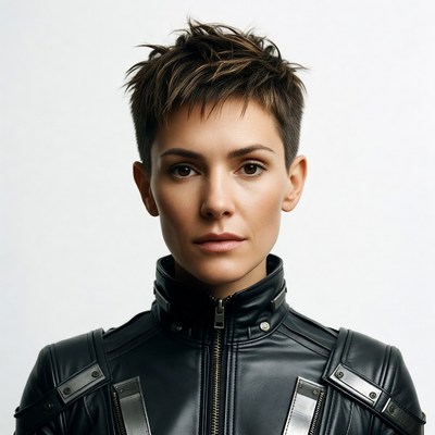 Woman with short hair in black leather jacket