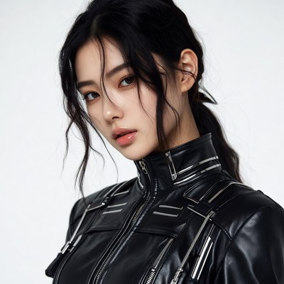 Asian woman in black leather jacket
