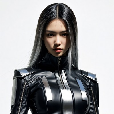Asian woman in futuristic black jumpsuit