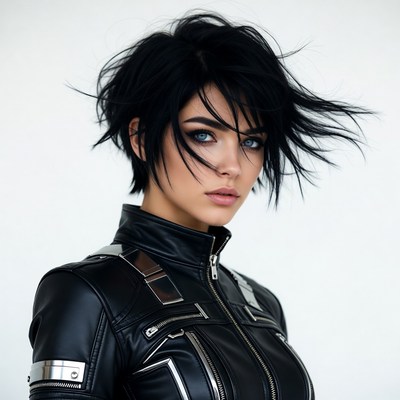 Woman in black leather jacket