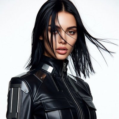 Woman in black futuristic leather jacket