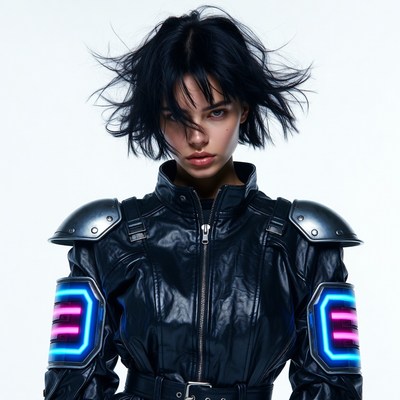 Woman in cyberpunk leather jacket