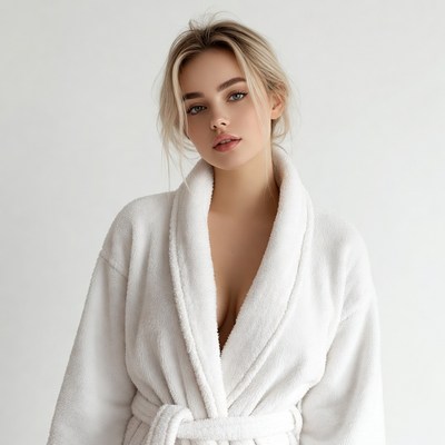 Blonde woman in white bathrobe