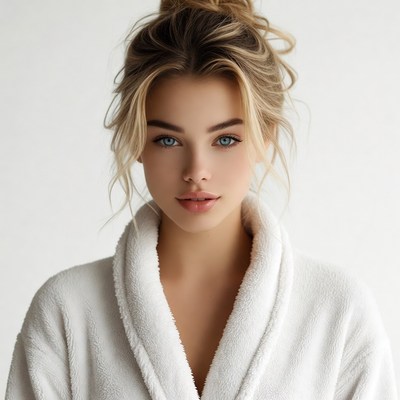 Blonde woman in white bathrobe