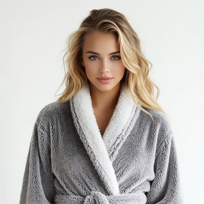 Blonde woman in gray bathrobe