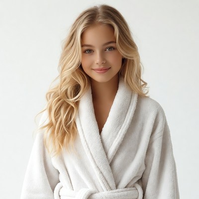 Blonde woman in white bathrobe