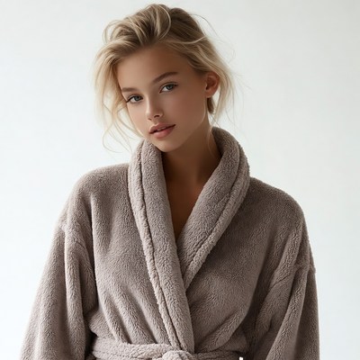 Blonde woman in fluffy bathrobe