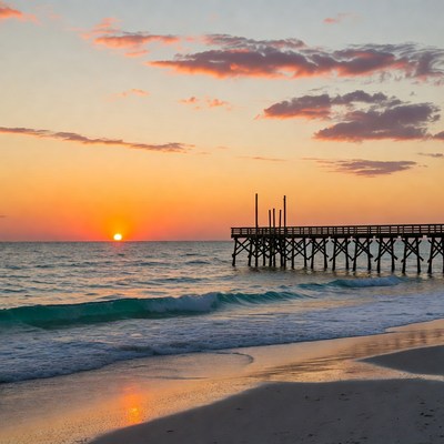 Sunset over pier on beach
