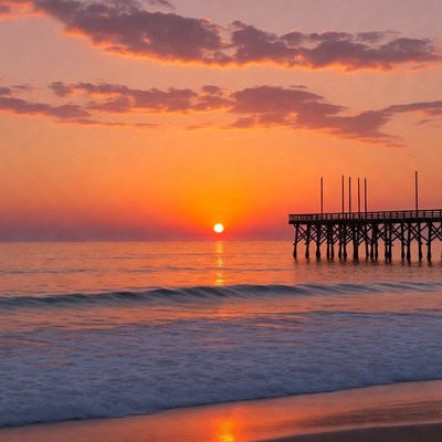 Sunset over pier on beach