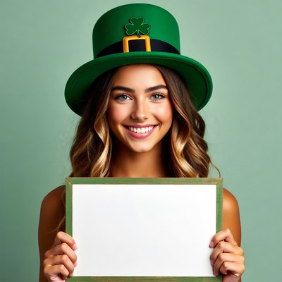 Woman in Leprechaun Hat Holding Blank Sign