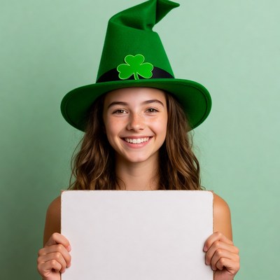Girl in green St. Patrick's hat holding blank sign