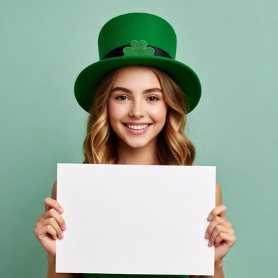 Smiling girl in leprechaun hat holding blank sign