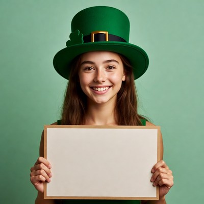Girl in leprechaun hat holding blank sign