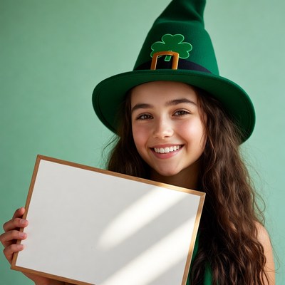 Girl in Leprechaun Hat Holding Blank Sign