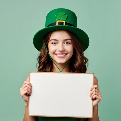 Girl holding blank sign in leprechaun hat