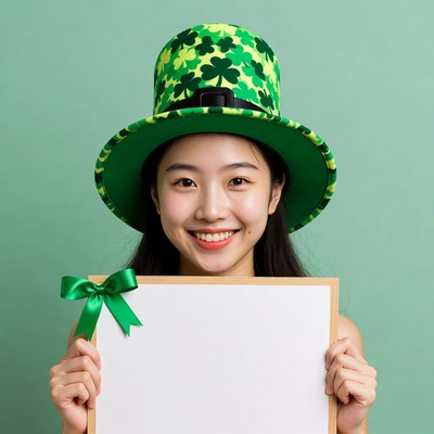 Asian girl in shamrock hat holding blank sign