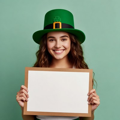 Girl holding blank sign in leprechaun hat