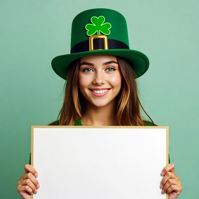 Woman holding blank sign in leprechaun hat