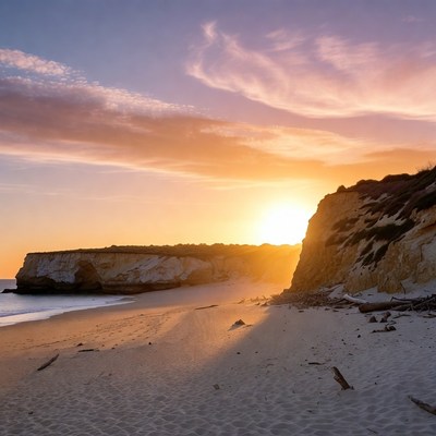 Sunset over sandy beach with cliffs