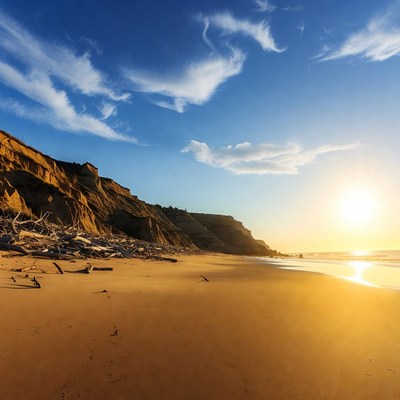 Sunset Beach with Cliffs and Driftwood