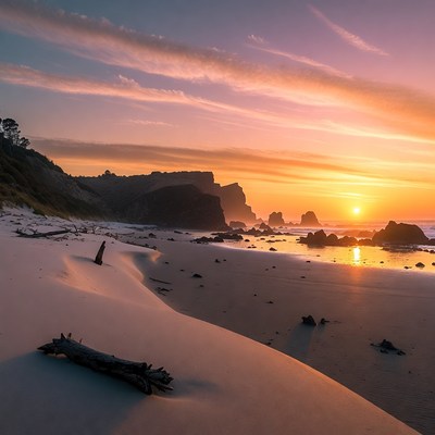 Sunset over rocky beach with dunes