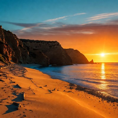 Sunset over beach with cliffs