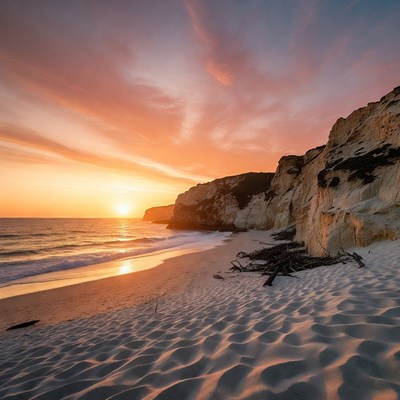 Sunset over beach with cliffs