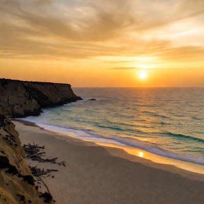 Sunset over ocean cliffs and beach