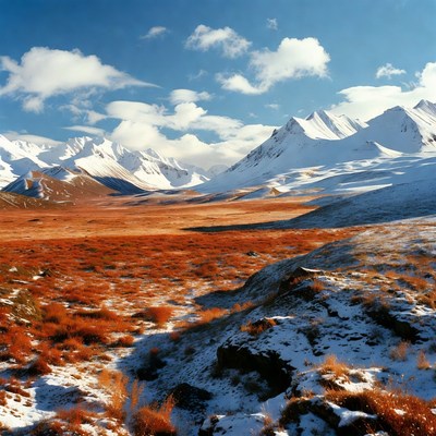 Snowy Mountains Over Red Grass Valley