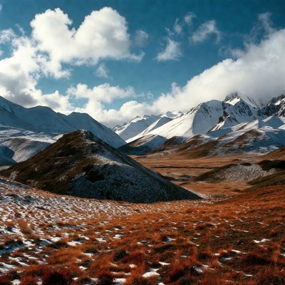 Snowy Mountains Over Autumn Valley
