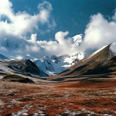 Snowy Mountains with Clouds and Valley