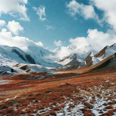 Snowy Mountains Over Red Valley