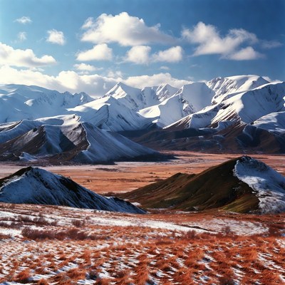 Snowy Mountains Over Red Grass Valley