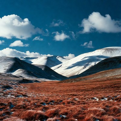 Snowy Mountains Over Red Grass Valley