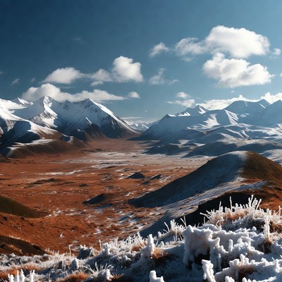 Snowy Mountains Over Red Valley