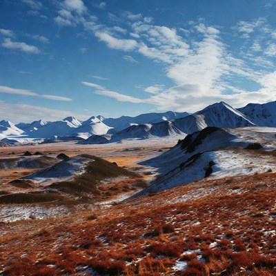 Snowy Mountains Over Red Grass Landscape