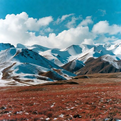 Snowy Mountains Over Red Grass Valley