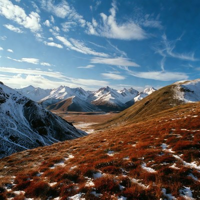 Snowy Mountains with Red Grass Valley