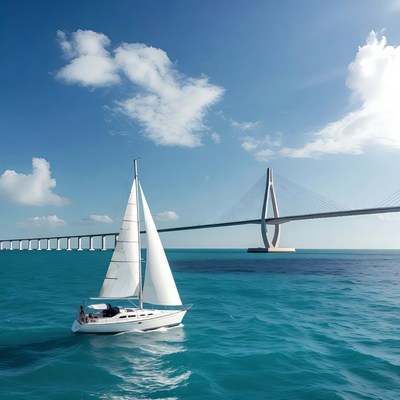 White sailboat near modern bridge
