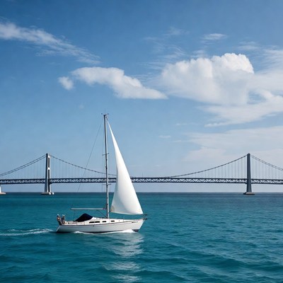Sailboat passing under suspension bridge