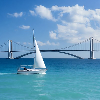 White sailboat under cable-stayed bridge