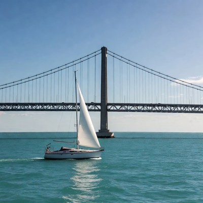 Sailboat passing under suspension bridge