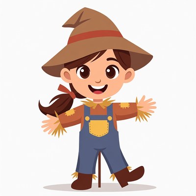 Cartoon girl scarecrow in overalls