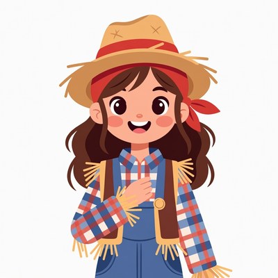 Cartoon girl in straw hat overalls