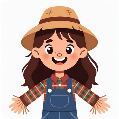 Cartoon girl in straw hat overalls